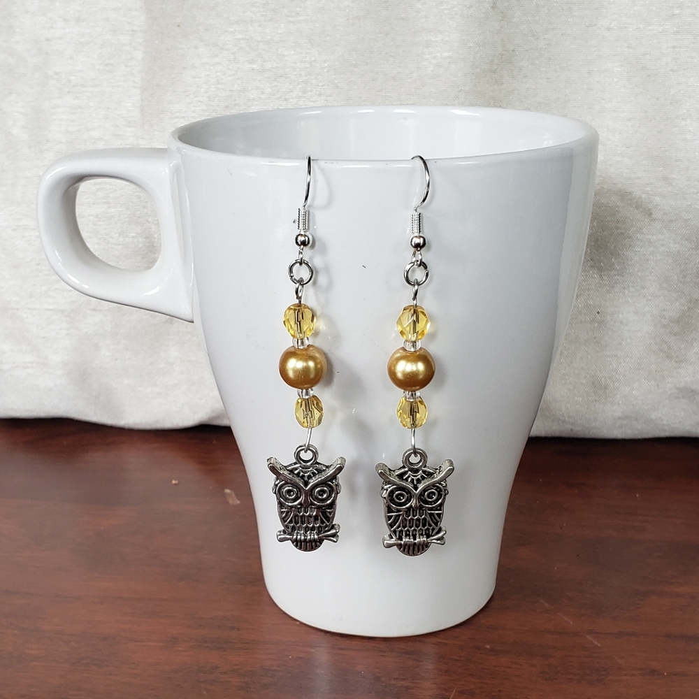 Owl Silver Earrings with Golden Yellow Beading